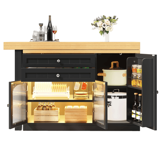 Ilha de cozinha extensível 120-194 cm - giratória a 360°, portas de vidro e gavetas - Preto