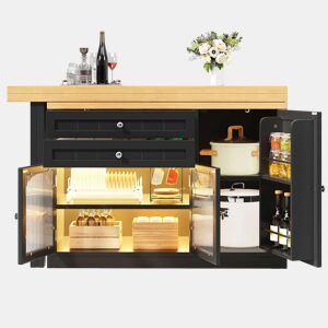Ilha de cozinha extensível 120-194 cm - giratória a 360°, portas de vidro e gavetas - Preto