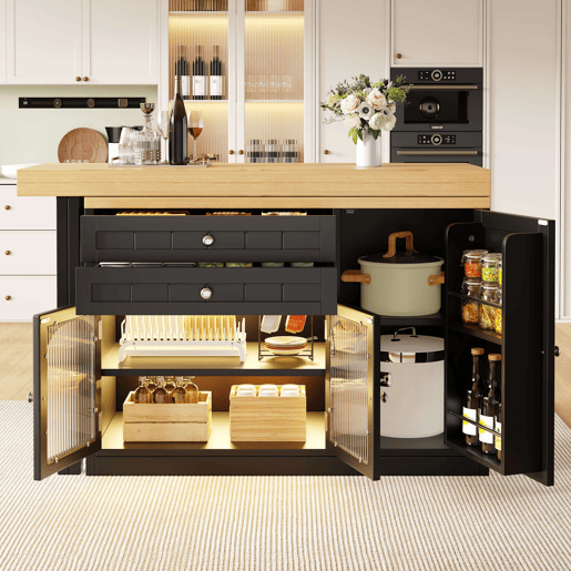 Ilha de cozinha extensível 120-194 cm - giratória a 360°, portas de vidro e gavetas - Preto