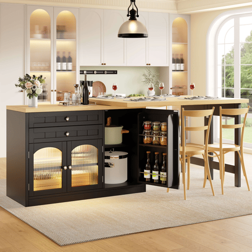 Ilha de cozinha extensível 120-194 cm - giratória a 360°, portas de vidro e gavetas - Preto
