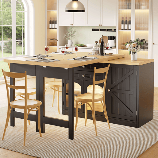 Ilha de cozinha extensível 120-194 cm - giratória a 360°, portas de vidro e gavetas - Preto