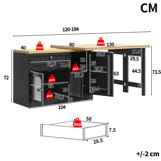 Ilha de cozinha extensível 120-194 cm - giratória a 360°, portas de vidro e gavetas - Preto