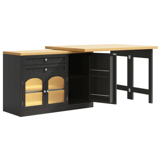 Ilha de cozinha extensível 120-194 cm - giratória a 360°, portas de vidro e gavetas - Preto