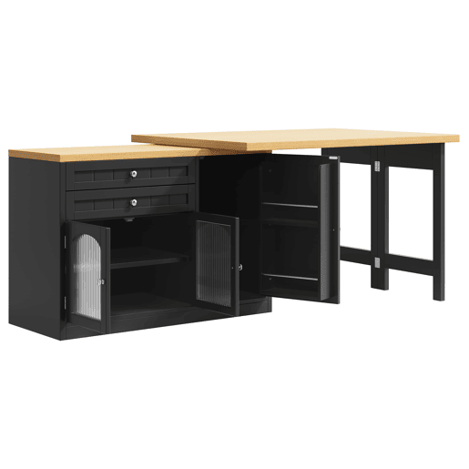 Ilha de cozinha extensível 120-194 cm - giratória a 360°, portas de vidro e gavetas - Preto