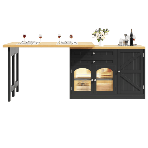 Ilha de cozinha extensível 120-194 cm - giratória a 360°, portas de vidro e gavetas - Preto