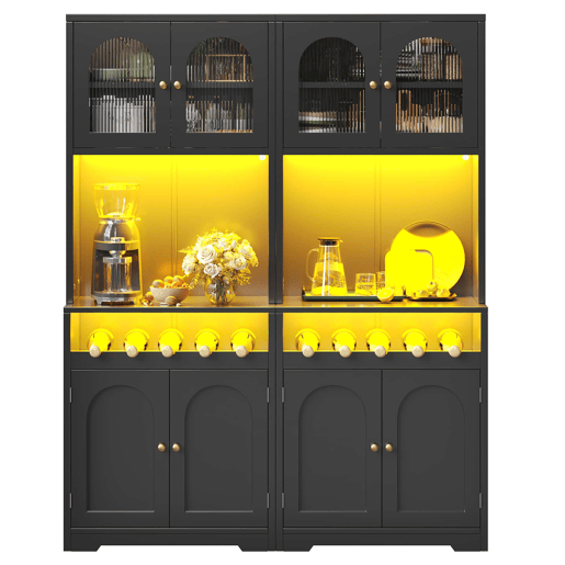 Armários de cozinha de 180 cm - Conjunto de 2 com portas de vidro, LED RGB com aplicação, suporte para garrafas e prateleiras ajustáveis - Preto Armários de cozinha de 180 cm - Conjunto de 2 com portas de vidro, LED RGB com aplicação, suporte para garrafas e prateleiras ajustáveis - Preto
