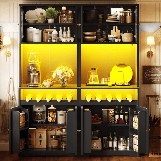 Armários de cozinha de 180 cm - Conjunto de 2 com portas de vidro, LED RGB com aplicação, suporte para garrafas e prateleiras ajustáveis - Preto Armários de cozinha de 180 cm - Conjunto de 2 com portas de vidro, LED RGB com aplicação, suporte para garrafas e prateleiras ajustáveis - Preto