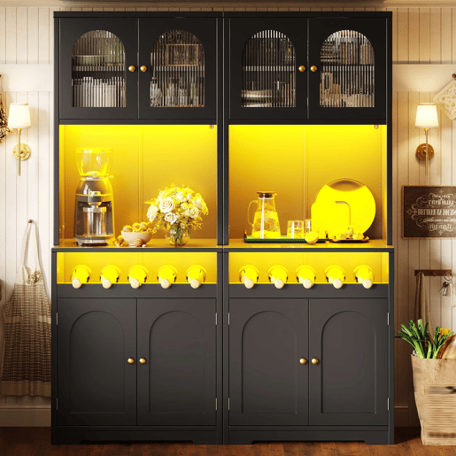 Armários de cozinha de 180 cm - Conjunto de 2 com portas de vidro, LED RGB com aplicação, suporte para garrafas e prateleiras ajustáveis - Preto Armários de cozinha de 180 cm - Conjunto de 2 com portas de vidro, LED RGB com aplicação, suporte para garrafas e prateleiras ajustáveis - Preto