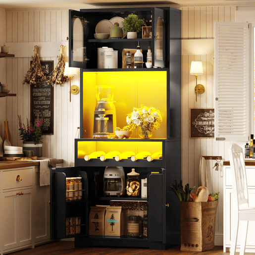 Armários de cozinha de 180 cm - Conjunto de 2 com portas de vidro, LED RGB com aplicação, suporte para garrafas e prateleiras ajustáveis - Preto Armários de cozinha de 180 cm - Conjunto de 2 com portas de vidro, LED RGB com aplicação, suporte para garrafas e prateleiras ajustáveis - Preto