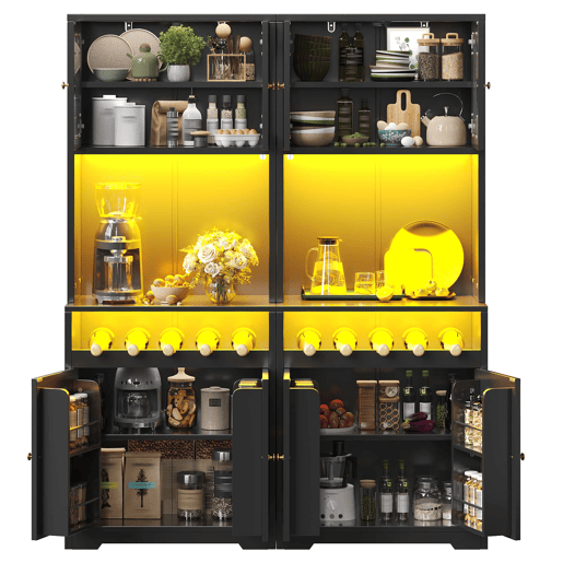 Armários de cozinha de 180 cm - Conjunto de 2 com portas de vidro, LED RGB com aplicação, suporte para garrafas e prateleiras ajustáveis - Preto Armários de cozinha de 180 cm - Conjunto de 2 com portas de vidro, LED RGB com aplicação, suporte para garrafas e prateleiras ajustáveis - Preto