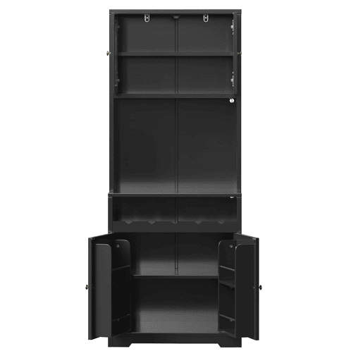 Armários de cozinha de 180 cm - Conjunto de 2 com portas de vidro, LED RGB com aplicação, suporte para garrafas e prateleiras ajustáveis - Preto Armários de cozinha de 180 cm - Conjunto de 2 com portas de vidro, LED RGB com aplicação, suporte para garrafas e prateleiras ajustáveis - Preto