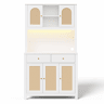 Armário de cozinha 100x40x180 cm u2013 com iluminação LED, tomadas, 5 portas de rattan e 2 gavetas de arrumação u2013 Branco