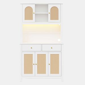 Armário de cozinha 100x40x180 cm u2013 com iluminação LED, tomadas, 5 portas de rattan e 2 gavetas de arrumação u2013 Branco