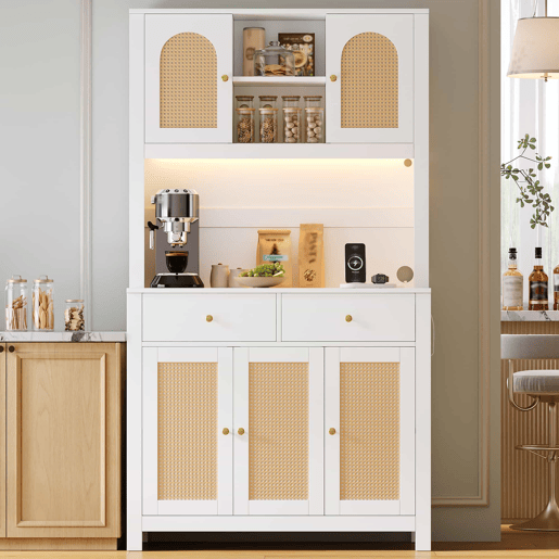 Armário de cozinha 100x40x180 cm u2013 com iluminação LED, tomadas, 5 portas de rattan e 2 gavetas de arrumação u2013 Branco