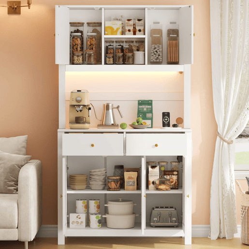 Armário de cozinha 100x40x180 cm u2013 com iluminação LED, tomadas, 5 portas de rattan e 2 gavetas de arrumação u2013 Branco