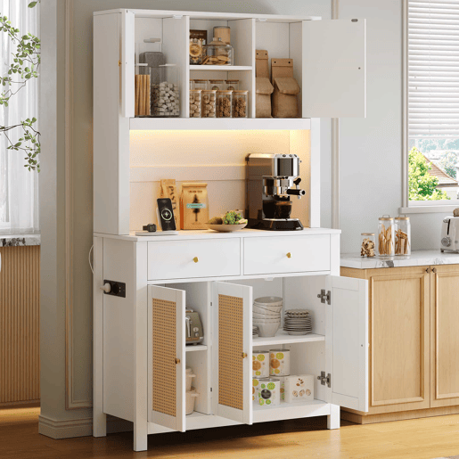 Armário de cozinha 100x40x180 cm u2013 com iluminação LED, tomadas, 5 portas de rattan e 2 gavetas de arrumação u2013 Branco