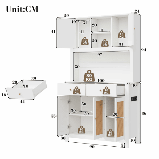 Armário de cozinha 100x40x180 cm u2013 com iluminação LED, tomadas, 5 portas de rattan e 2 gavetas de arrumação u2013 Branco