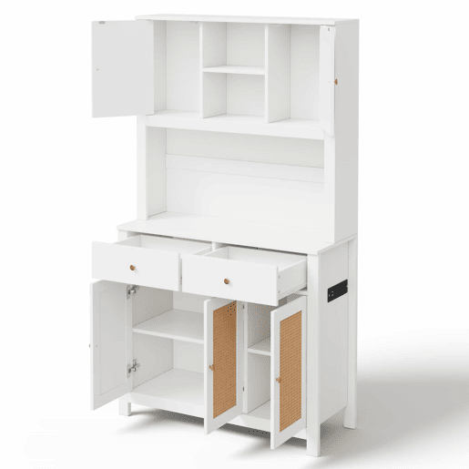 Armário de cozinha 100x40x180 cm u2013 com iluminação LED, tomadas, 5 portas de rattan e 2 gavetas de arrumação u2013 Branco