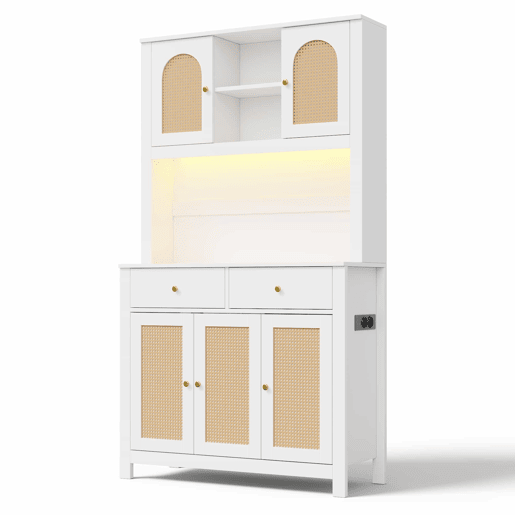 Armário de cozinha 100x40x180 cm u2013 com iluminação LED, tomadas, 5 portas de rattan e 2 gavetas de arrumação u2013 Branco