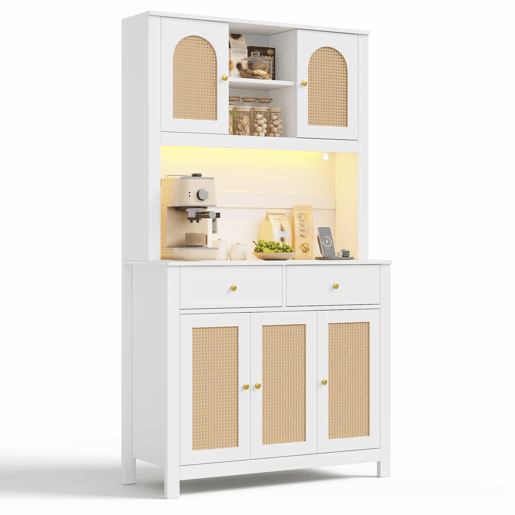 Armário de cozinha 100x40x180 cm u2013 com iluminação LED, tomadas, 5 portas de rattan e 2 gavetas de arrumação u2013 Branco