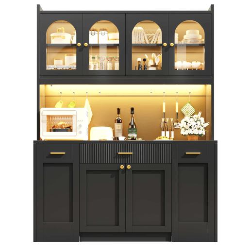 Armário alto de cozinha de 120 cm - LED RGB com controlo por aplicação, 3 vitrinas de vidro, gavetas e prateleiras giratórias laterais - Preto Armário alto de cozinha de 120 cm - LED RGB com controlo por aplicação, 3 vitrinas de vidro, gavetas e prateleiras giratórias laterais - Preto