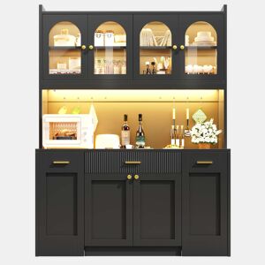 Armário alto de cozinha de 120 cm - LED RGB com controlo por aplicação, 3 vitrinas de vidro, gavetas e prateleiras giratórias laterais - Preto