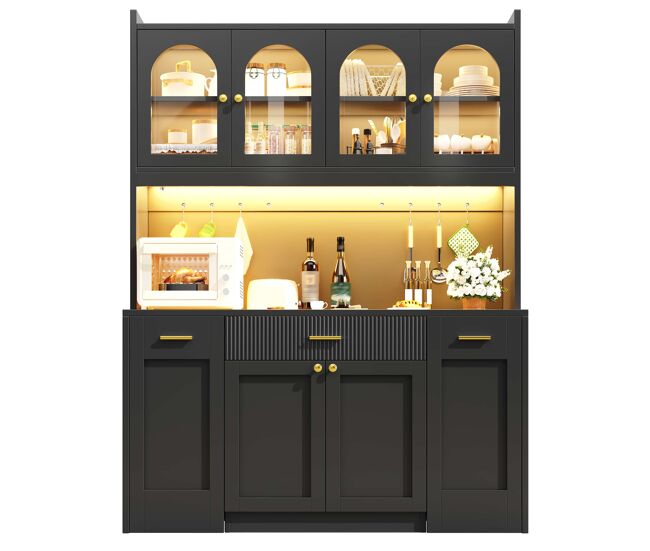 Armario alto de cocina 120cm - led rgb con control por app, 3 vitrinas de cristal, cajones y estantes giratorios laterales - negro
