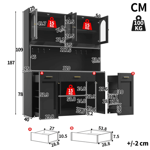Armário alto de cozinha de 120 cm - LED RGB com controlo por aplicação, 3 vitrinas de vidro, gavetas e prateleiras giratórias laterais - Preto Armário alto de cozinha de 120 cm - LED RGB com controlo por aplicação, 3 vitrinas de vidro, gavetas e prateleiras giratórias laterais - Preto