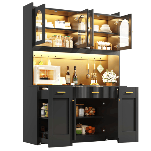 Armário alto de cozinha de 120 cm - LED RGB com controlo por aplicação, 3 vitrinas de vidro, gavetas e prateleiras giratórias laterais - Preto Armário alto de cozinha de 120 cm - LED RGB com controlo por aplicação, 3 vitrinas de vidro, gavetas e prateleiras giratórias laterais - Preto