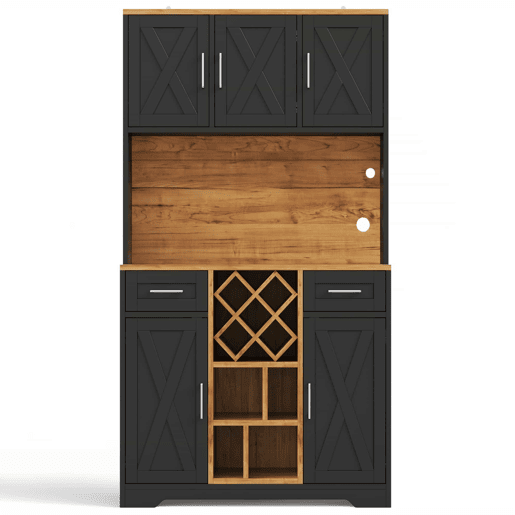 Armário de cozinha 180×105×40 cm u2013 com iluminação LED, adega, prateleiras para vinho e vitrina u2013 natural e preto Armário de cozinha 180×105×40 cm u2013 com iluminação LED, adega, prateleiras para vinho e vitrina u2013 natural e preto