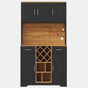 Armário de cozinha 180×105×40 cm u2013 com iluminação LED, adega, prateleiras para vinho e vitrina u2013 natural e preto