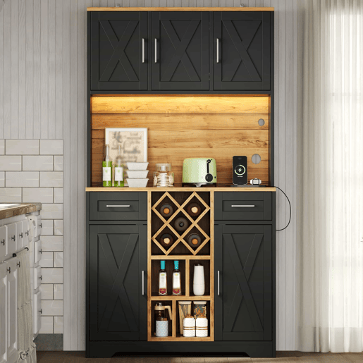 Armário de cozinha 180×105×40 cm u2013 com iluminação LED, adega, prateleiras para vinho e vitrina u2013 natural e preto Armário de cozinha 180×105×40 cm u2013 com iluminação LED, adega, prateleiras para vinho e vitrina u2013 natural e preto