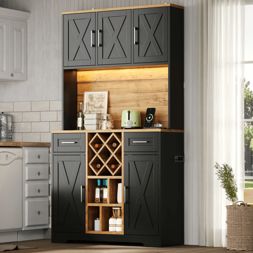 Armário de cozinha 180×105×40 cm u2013 com iluminação LED, adega, prateleiras para vinho e vitrina u2013 natural e preto Armário de cozinha 180×105×40 cm u2013 com iluminação LED, adega, prateleiras para vinho e vitrina u2013 natural e preto