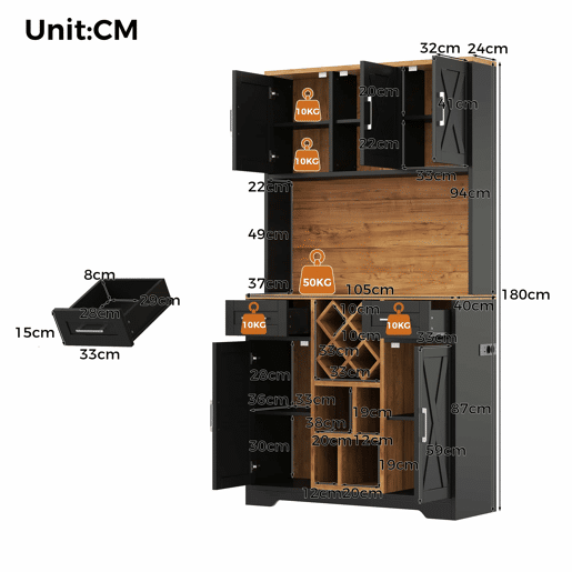 Armário de cozinha 180×105×40 cm u2013 com iluminação LED, adega, prateleiras para vinho e vitrina u2013 natural e preto Armário de cozinha 180×105×40 cm u2013 com iluminação LED, adega, prateleiras para vinho e vitrina u2013 natural e preto
