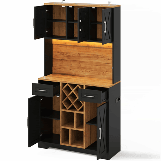 Armário de cozinha 180×105×40 cm u2013 com iluminação LED, adega, prateleiras para vinho e vitrina u2013 natural e preto Armário de cozinha 180×105×40 cm u2013 com iluminação LED, adega, prateleiras para vinho e vitrina u2013 natural e preto