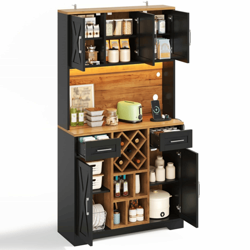 Armário de cozinha 180×105×40 cm u2013 com iluminação LED, adega, prateleiras para vinho e vitrina u2013 natural e preto Armário de cozinha 180×105×40 cm u2013 com iluminação LED, adega, prateleiras para vinho e vitrina u2013 natural e preto