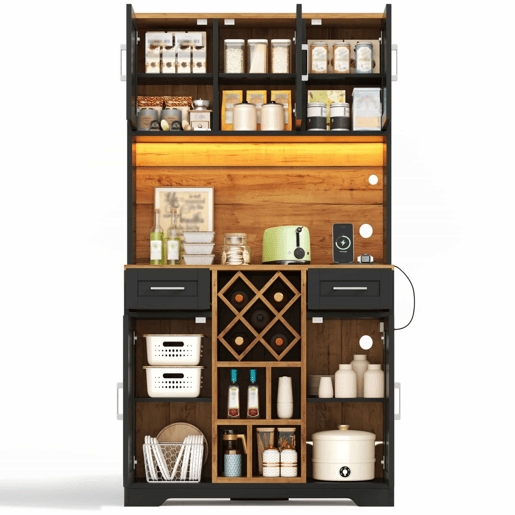 Armário de cozinha 180×105×40 cm u2013 com iluminação LED, adega, prateleiras para vinho e vitrina u2013 natural e preto Armário de cozinha 180×105×40 cm u2013 com iluminação LED, adega, prateleiras para vinho e vitrina u2013 natural e preto
