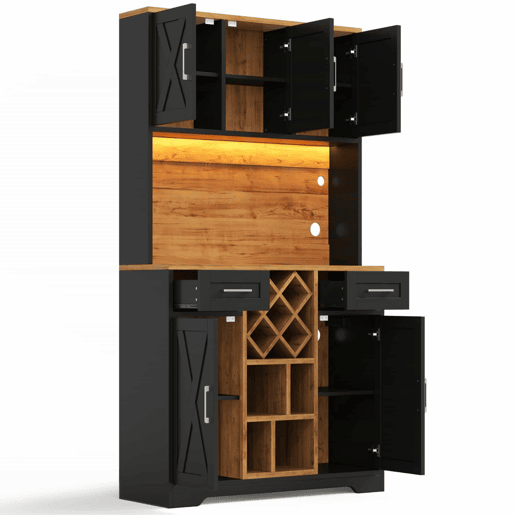 Armário de cozinha 180×105×40 cm u2013 com iluminação LED, adega, prateleiras para vinho e vitrina u2013 natural e preto Armário de cozinha 180×105×40 cm u2013 com iluminação LED, adega, prateleiras para vinho e vitrina u2013 natural e preto