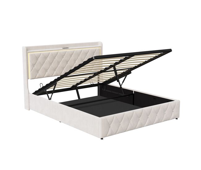 Cama 140x200cm, usb/tipo c, cama doble, cama funcional, adolescente, beige