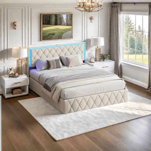 Cama 140x200cm, USBTipo C, Cama de casal, Cama funcional, Adolescente, Bege