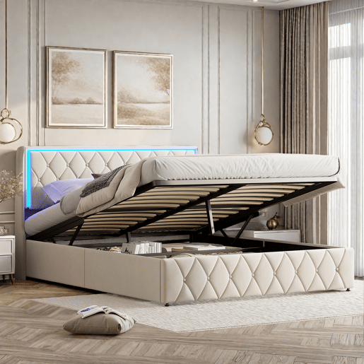 Cama 140x200cm, USBTipo C, Cama de casal, Cama funcional, Adolescente, Bege