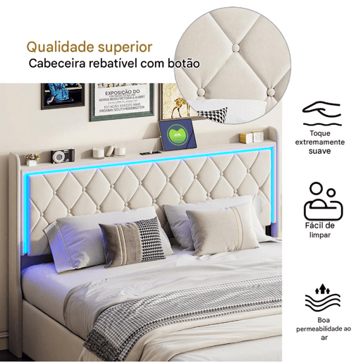 Cama 140x200cm, USBTipo C, Cama de casal, Cama funcional, Adolescente, Bege