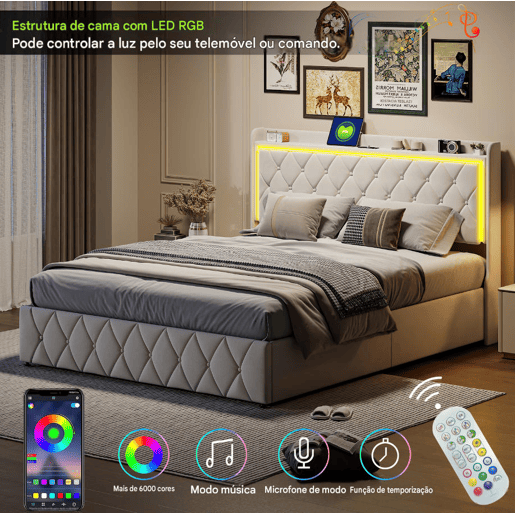 Cama 140x200cm, USBTipo C, Cama de casal, Cama funcional, Adolescente, Bege