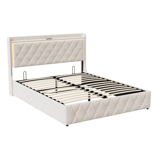 Cama 140x200cm, USBTipo C, Cama de casal, Cama funcional, Adolescente, Bege