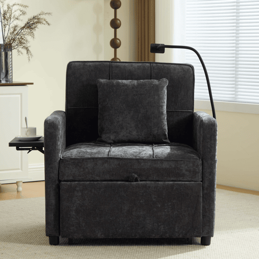 Poltrona-cama 2 em 1 individual u2014 com almofadas, bolsos laterais, mesa auxiliar e saco de arrumação lateral u2014 chenille cinzenta escura Poltrona-cama 2 em 1 individual u2014 com almofadas, bolsos laterais, mesa auxiliar e saco de arrumação lateral u2014 chenille cinzenta escura