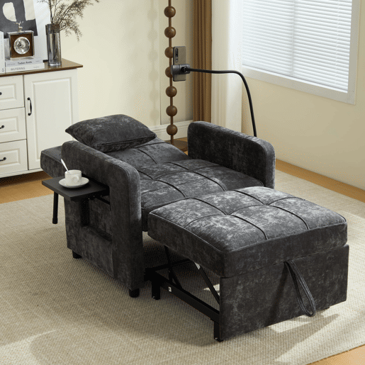 Poltrona-cama 2 em 1 individual u2014 com almofadas, bolsos laterais, mesa auxiliar e saco de arrumação lateral u2014 chenille cinzenta escura Poltrona-cama 2 em 1 individual u2014 com almofadas, bolsos laterais, mesa auxiliar e saco de arrumação lateral u2014 chenille cinzenta escura