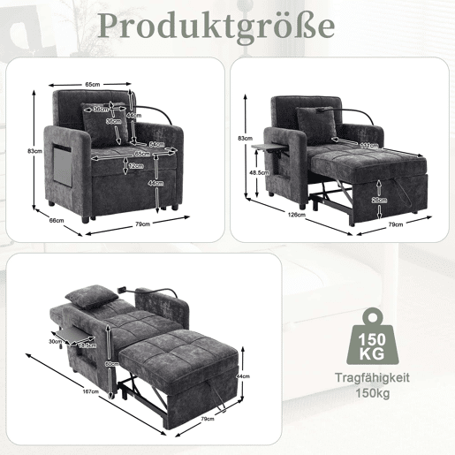 Poltrona-cama 2 em 1 individual u2014 com almofadas, bolsos laterais, mesa auxiliar e saco de arrumação lateral u2014 chenille cinzenta escura Poltrona-cama 2 em 1 individual u2014 com almofadas, bolsos laterais, mesa auxiliar e saco de arrumação lateral u2014 chenille cinzenta escura