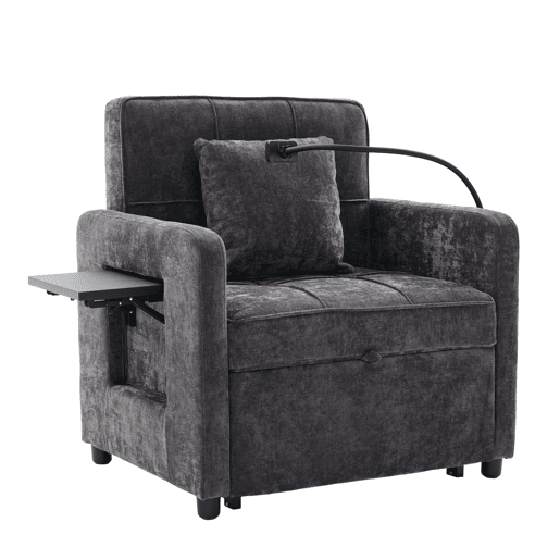Poltrona-cama 2 em 1 individual u2014 com almofadas, bolsos laterais, mesa auxiliar e saco de arrumação lateral u2014 chenille cinzenta escura Poltrona-cama 2 em 1 individual u2014 com almofadas, bolsos laterais, mesa auxiliar e saco de arrumação lateral u2014 chenille cinzenta escura