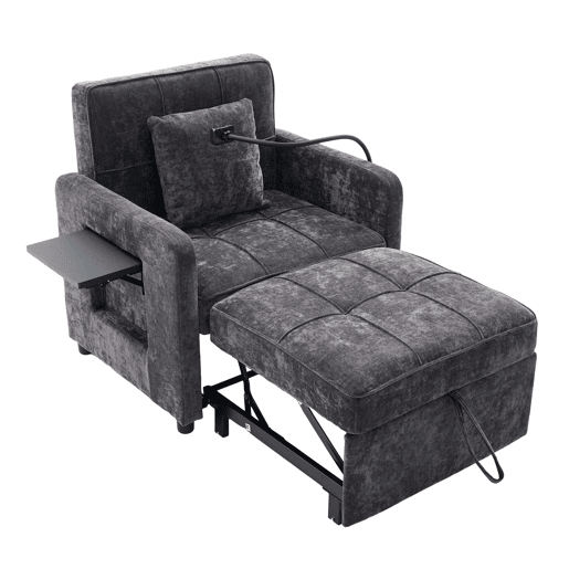 Poltrona-cama 2 em 1 individual u2014 com almofadas, bolsos laterais, mesa auxiliar e saco de arrumação lateral u2014 chenille cinzenta escura Poltrona-cama 2 em 1 individual u2014 com almofadas, bolsos laterais, mesa auxiliar e saco de arrumação lateral u2014 chenille cinzenta escura