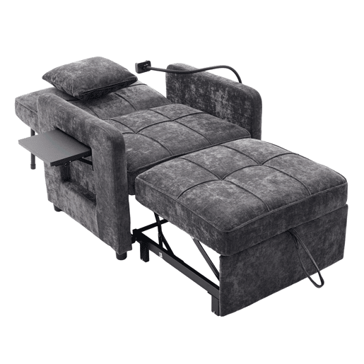 Poltrona-cama 2 em 1 individual u2014 com almofadas, bolsos laterais, mesa auxiliar e saco de arrumação lateral u2014 chenille cinzenta escura Poltrona-cama 2 em 1 individual u2014 com almofadas, bolsos laterais, mesa auxiliar e saco de arrumação lateral u2014 chenille cinzenta escura